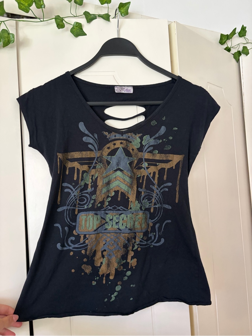 Women's Black Short Sleeve Graphic Tee with Cutout Detail